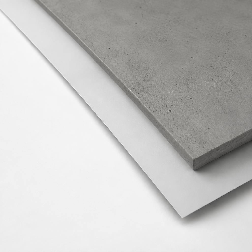 Camadas de concreto cinza sobre papel branco, em fotografia minimalista
