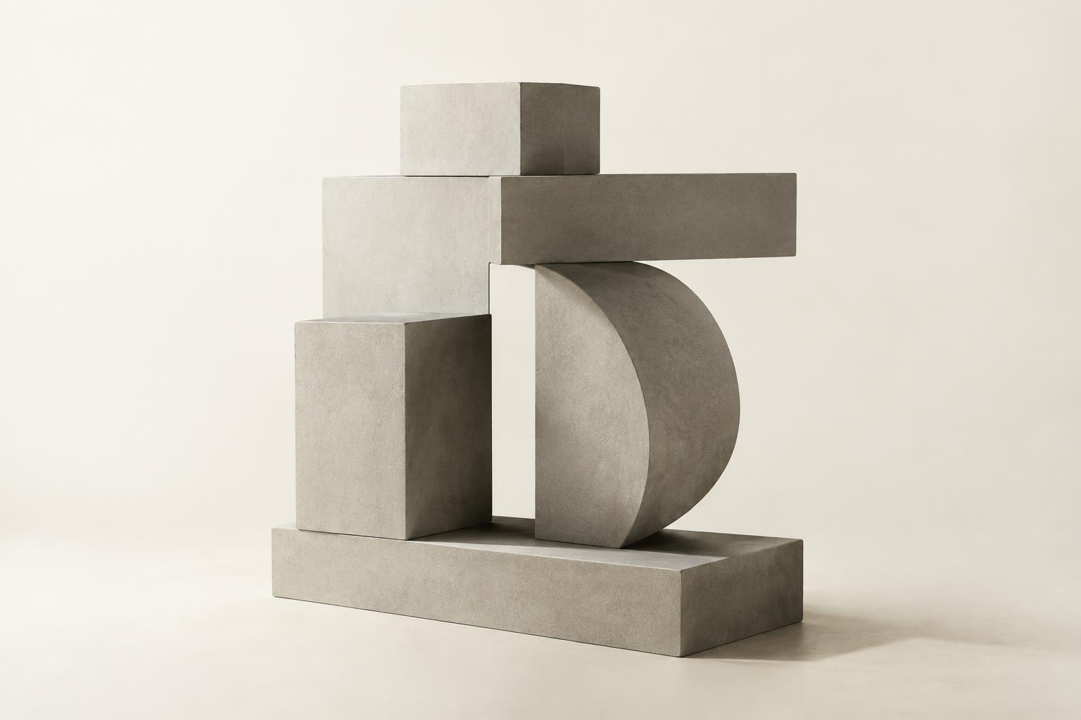 Blocos geométricos cinza sobre fundo branco, simbolizando produtos digitais sólidos